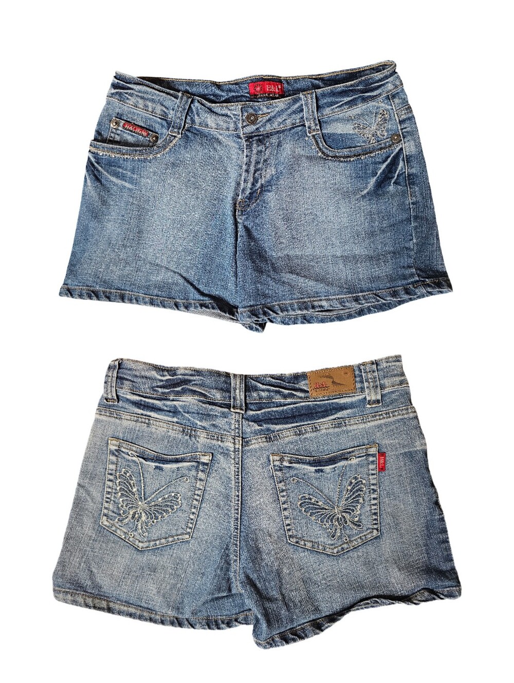 Women’s Light Blue Denim Shorts with Embroidered Butterfly Pockets